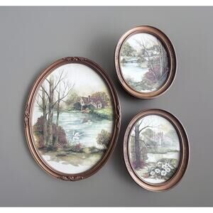 Vtg Homco Oval Wall Pictures 3 Pc Landscape Swan Cottage Pond Gold Frame Country